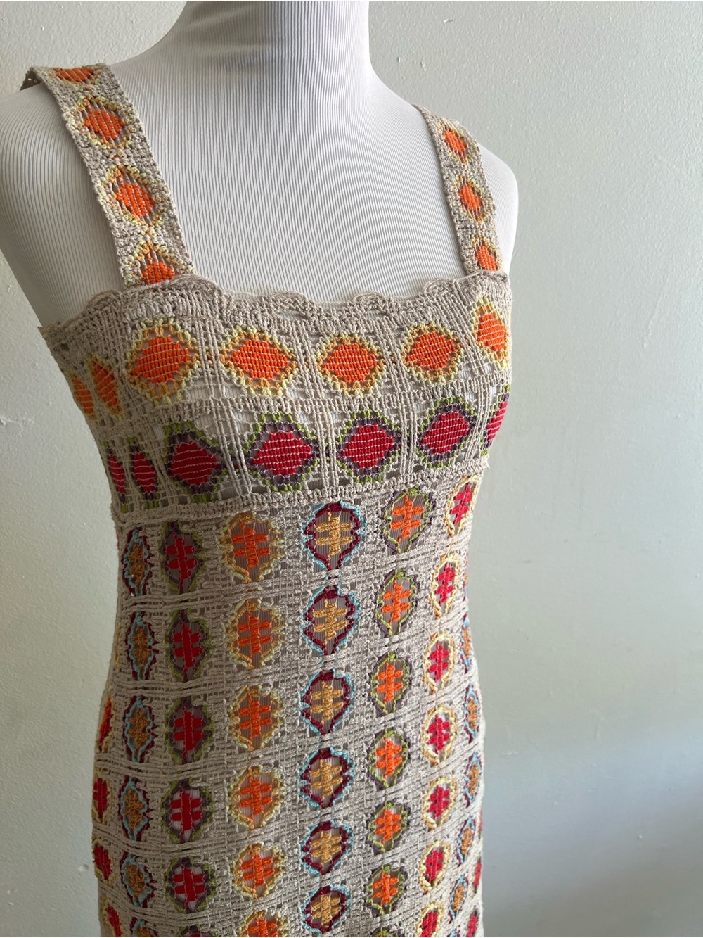 Zara Crochet Maxi Dress in Cream with Orange and Pink Accents - Picture 2 of 5